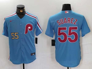 Men's MLB Philadelphia Phillies #55 Ranger Suarez Blue Gold Number Cool Base Stitched Nike Baseball Jersey