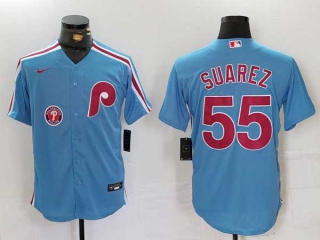 Men's MLB Philadelphia Phillies #55 Ranger Suarez Blue Logo Cool Base Stitched Nike Baseball Jersey