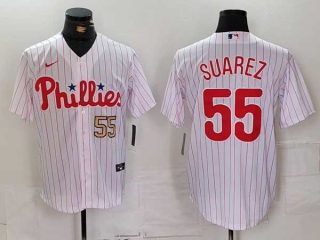 Men's MLB Philadelphia Phillies #55 Ranger Suarez White Gold Number Pinstripe Stitched Cool Base Jersey