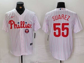 Men's MLB Philadelphia Phillies #55 Ranger Suarez White Logo Pinstripe Stitched Cool Base Jersey