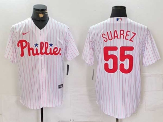 Men's MLB Philadelphia Phillies #55 Ranger Suarez White Pinstripe Stitched Cool Base Jersey