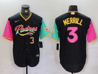 Men's MLB San Diego Padres #3 Jackson Merrill Black Gold Number City Connect Cool Base Stitched Baseball Jersey