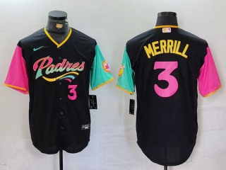 Men's MLB San Diego Padres #3 Jackson Merrill Black Pink Number City Connect Cool Base Stitched Baseball Jersey