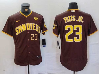 Men's MLB San Diego Padres #23 Fernando Tatis Jr. Brown Gold Number With PS Patch Flex Base Stitched Baseball Jersey