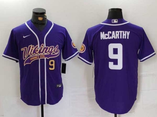 Men's NFL Minnesota Vikings #9 JJ McCarthy Purple Gold Number Cool Base Stitched Nike Baseball Jersey