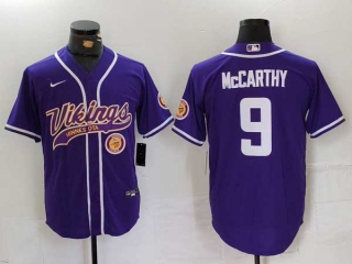 Men's NFL Minnesota Vikings #9 JJ McCarthy Purple Logo Cool Base Stitched Nike Baseball Jersey