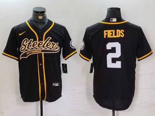 Men's NFL Pittsburgh Steelers #2 Justin Fields Black With Patch Cool Base Stitched Baseball Jersey