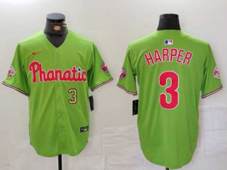 Men's MLB Philadelphia Phillies #3 Bryce Harper Green Gold Number Phillie Phanatic Patch Vapor Premier Limited Nike Jersey