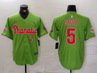 Men's MLB Philadelphia Phillies #5 Bryson Stott Green Gold Number Phillie Phanatic Patch Vapor Premier Limited Nike Jersey