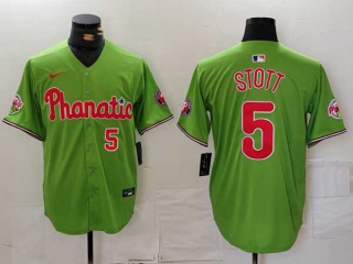 Men's MLB Philadelphia Phillies #5 Bryson Stott Green Red Number Phillie Phanatic Patch Vapor Premier Limited Nike Jersey