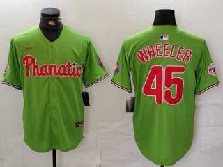 Men's MLB Philadelphia Phillies #45 Zack Wheeler Green Phillie Phanatic Patch Vapor Premier Limited Nike Jersey