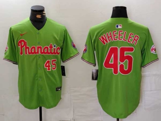 Men's MLB Philadelphia Phillies #45 Zack Wheeler Green Red Number Phillie Phanatic Patch Vapor Premier Limited Nike Jersey