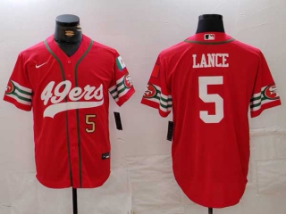 Men's NFL San Francisco 49ers #5 Trey Lance Red Gold Number Mexico Patch Cool Base Stitched Baseball Jersey