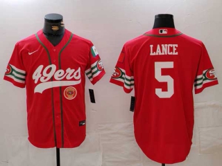 Men's NFL San Francisco 49ers #5 Trey Lance Red Logo Mexico Patch Cool Base Stitched Baseball Jersey