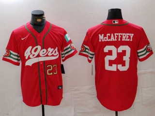 Men's NFL San Francisco 49ers #23 Christian McCaffrey Red Gold Number Mexico Patch Cool Base Stitched Baseball Jersey