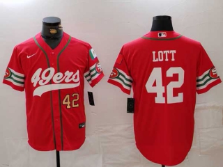 Men's NFL San Francisco 49ers #42 Ronnie Lott Red Gold Number Mexico Patch Cool Base Stitched Baseball Jersey