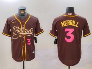 Men's MLB San Diego Padres #3 Jackson Merrill Brown Pink Number 2023 City Connect Cool Base Stitched Baseball Jersey