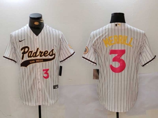 Men's MLB San Diego Padres #3 Jackson Merrill White Pinstripe Pink Number 2023 City Connect Cool Base Stitched Baseball Jersey