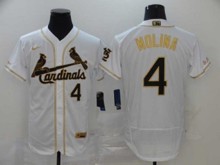 Men's MLB St. Louis Cardinals #4 Yadier Molina White Gold With Patch Flex Base Stitched Nike Baseball Jersey