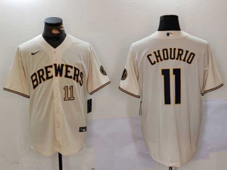 Men's MLB Milwaukee Brewers #11 Jackson Chourio Cream Gold Number Cool Base Nike Stitched Baseball Jersey