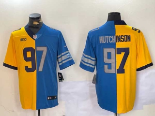 Men's NFL Detroit Lions #97 Aidan Hutchinson Yellow Blue Split Stitched Nike Football Jersey