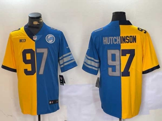 Men's NFL Detroit Lions #97 Aidan Hutchinson Yellow Blue Split Stitched Nike Football Jerseys