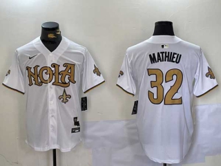 Men's NFL New Orleans Saints #32 Tyrann Mathieu White Nola Logo Stitched Nike Baseball Jersey