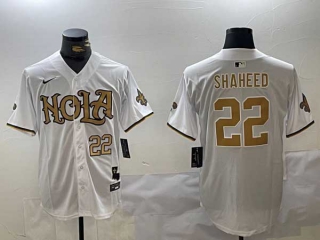 Men's NFL New Orleans Saints #22 Rashid Shaheed White Gold Number Nola Stitched Nike Baseball Jersey