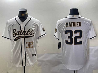 Men's NFL New Orleans Saints #32 Tyrann Mathieu White Gold Number Cool Base Stitched Nike Baseball Jersey