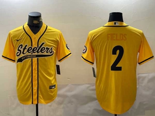 Men's NFL Pittsburgh Steelers #2 Justin Fields Gold With Patch Cool Base Stitched Baseball Jersey