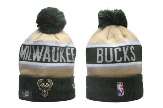 NBA Milwaukee Bucks New Era Hunter Green Tan 2024 NBA Draft Cuffed Knit With Pom Beanies Hat 5010