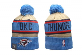 NBA Oklahoma City Thunder New Era Blue Tan 2024 NBA Draft Cuffed Knit With Pom Beanies Hat 5003