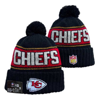 Wholesale NFL Kansas City Chiefs New Era Black 2024 Sideline Cold Weather Cuffed Knit Hat with Pom 3067