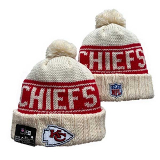 Wholesale NFL Kansas City Chiefs New Era Cream 2024 Sideline Cuffed Knit Hat with Pom 3068