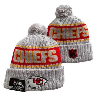 Wholesale NFL Kansas City Chiefs New Era Gray 2024 Sideline Cold Weather Cuffed Knit Hat with Pom 3069