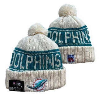 Wholesale NFL Miami Dolphins New Era Cream 2024 Sideline Cuffed Knit Hat with Pom 3060