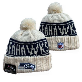 Wholesale NFL Seattle Seahawks New Era Cream 2024 Sideline Cuffed Knit Hat with Pom 3066