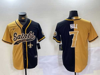 Men's NFL New Orleans Saints #7 Taysom Hill Gold Black Logo Split Vapor Cool Base Stitched Nike Baseball Jersey