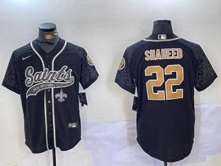 Men's NFL New Orleans Saints #22 Rashid Shaheed Black Reflective Logo Cool Base Stitched Nike Baseball Jersey