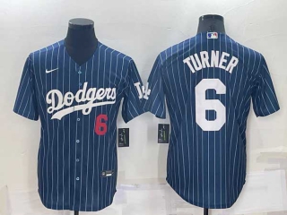 Men's MLB Los Angeles Dodgers #6 Trea Turner Navy Red Number Pinstripe Stitched Cool Base Nike Baseball Jersey