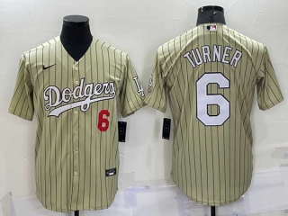 Men's MLB Los Angeles Dodgers #6 Trea Turner Cream Red Number Pinstripe Stitched Cool Base Nike Baseball Jersey