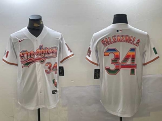 Men's MLB Los Angeles Dodgers #34 Fernando Valenzuela White Rainbow Mexico Cool Base Stitched Baseball Jersey