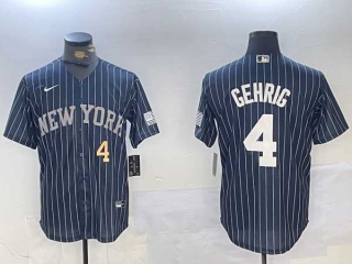 Men's MLB New York Yankees #4 Lou Gehrig Navy Gold Number Pinstripe Stitched Cool Base Nike Baseball Jersey