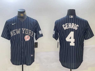 Men's MLB New York Yankees #4 Lou Gehrig Navy Logo Pinstripe Stitched Cool Base Nike Baseball Jersey