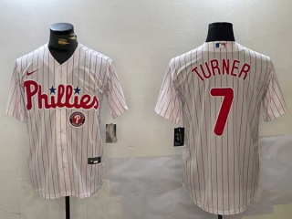 Men's MLB Philadelphia Phillies #7 Trea Turner White Logo Pinstripe Stitched Cool Base Nike Baseball Jersey