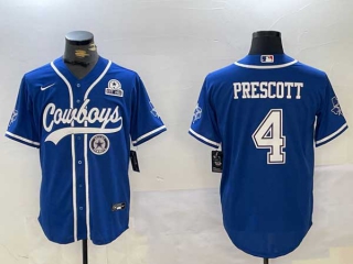 Men's NFL Dallas Cowboys #4 Dak Prescott Royal Logo With Texas Patch Stitched Cool Base Nike Baseball Jerseys