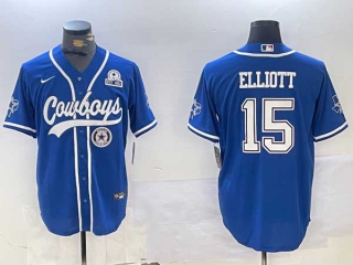 Men's NFL Dallas Cowboys #15 Ezekiel Elliott Royal Logo With Texas Patch Stitched Cool Base Nike Baseball Jerseys