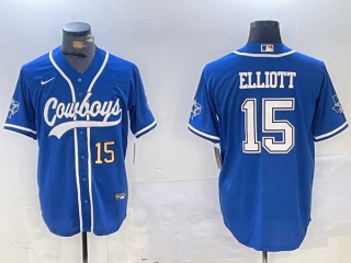 Men's NFL Dallas Cowboys #15 Ezekiel Elliott Royal Number With Texas Patch Stitched Cool Base Nike Baseball Jersey