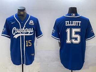 Men's NFL Dallas Cowboys #15 Ezekiel Elliott Royal Number With Texas Patch Stitched Cool Base Nike Baseball Jerseys