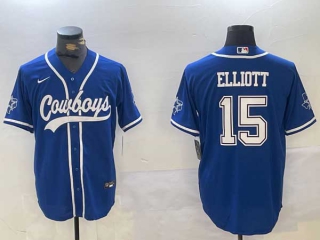 Men's NFL Dallas Cowboys #15 Ezekiel Elliott Royal With Texas Patch Stitched Cool Base Nike Baseball Jersey